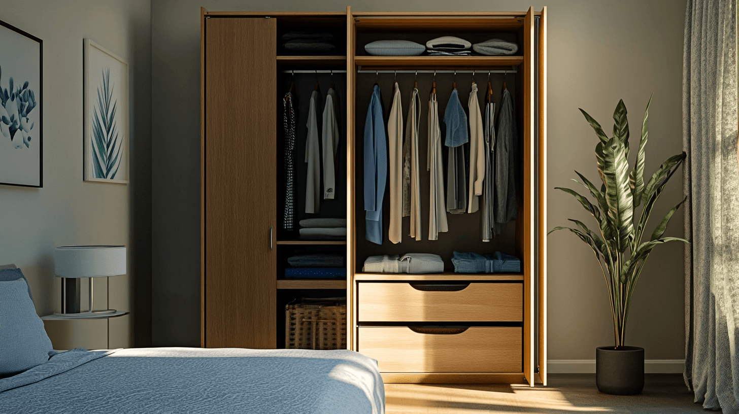 Schlafzimmer mit offenem Kleiderschrank: Ordnung leicht gemacht