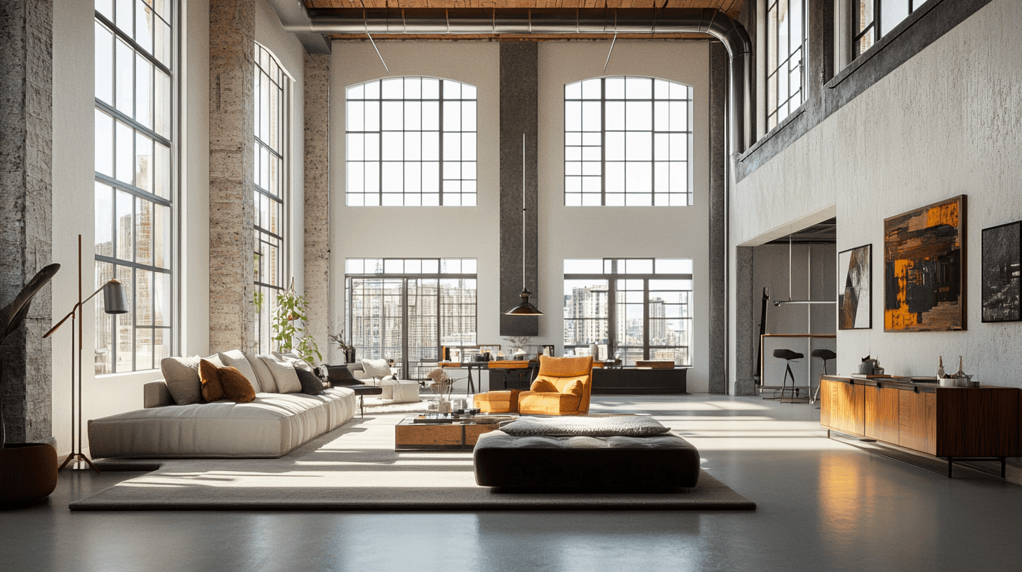 Wohnzimmer mit Loft-Charakter: Hohe Decken und offene Flächen