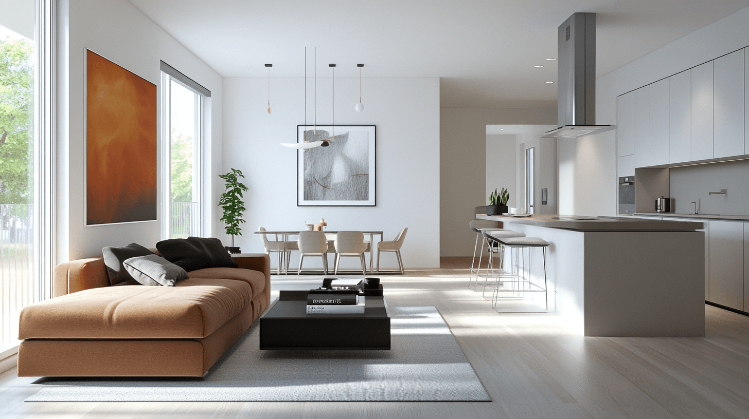 Wohnzimmer mit offener Küche und Kochinsel: Modern und kommunikativ