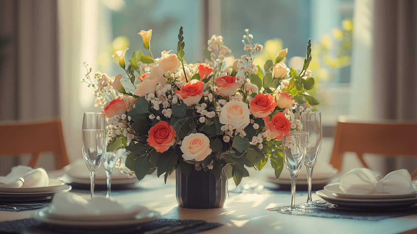 Kreative Anordnung von Blumen auf dem Tisch