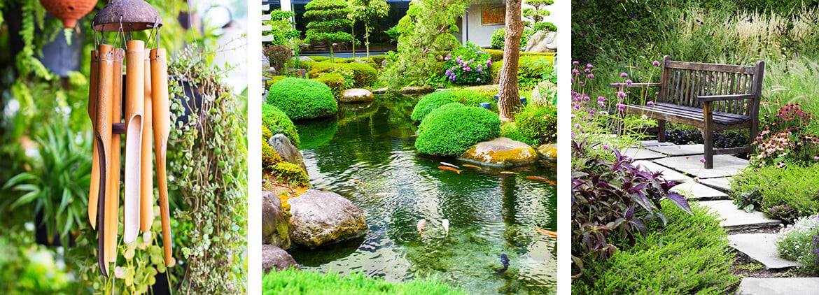 Verschiedene auf Feng-Shui ausgerichtete Gärten