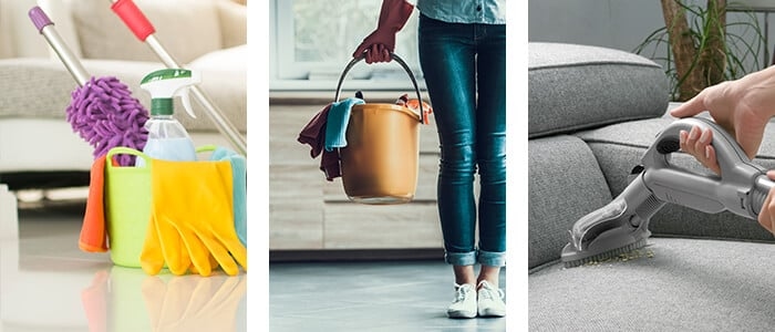 das erste Foto zeigt Putzutensilien, das zweite Bild eine Frau mit diesen Utensilien und das dritte Bild einen Sauger, der eine Couch saugt.