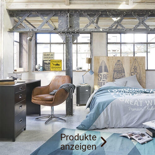 Jugendzimmer mit verschiedenen Möbeln im Industrial Stil 