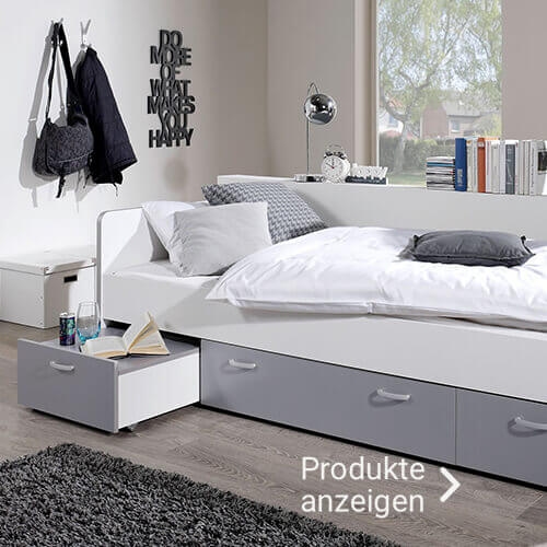 grau- weißes Jugendbett mit Stauraum 