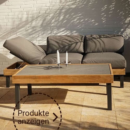 Loungeliege und Couchtisch für den Garten und die Terrasse in Massivholz