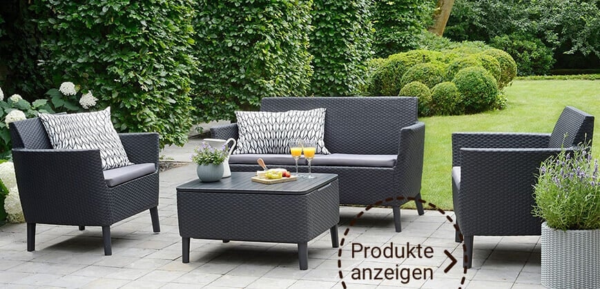 Anthrazitfarbene Loungemöbel aus Kunststoff in Rattan-Optik