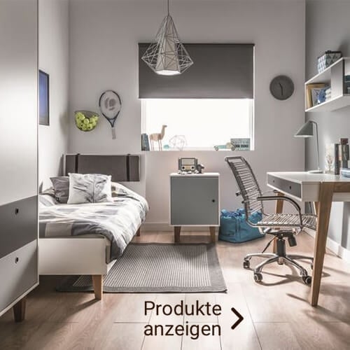 Weiß-graues Jugendzimmer mit Platz für Stauraum