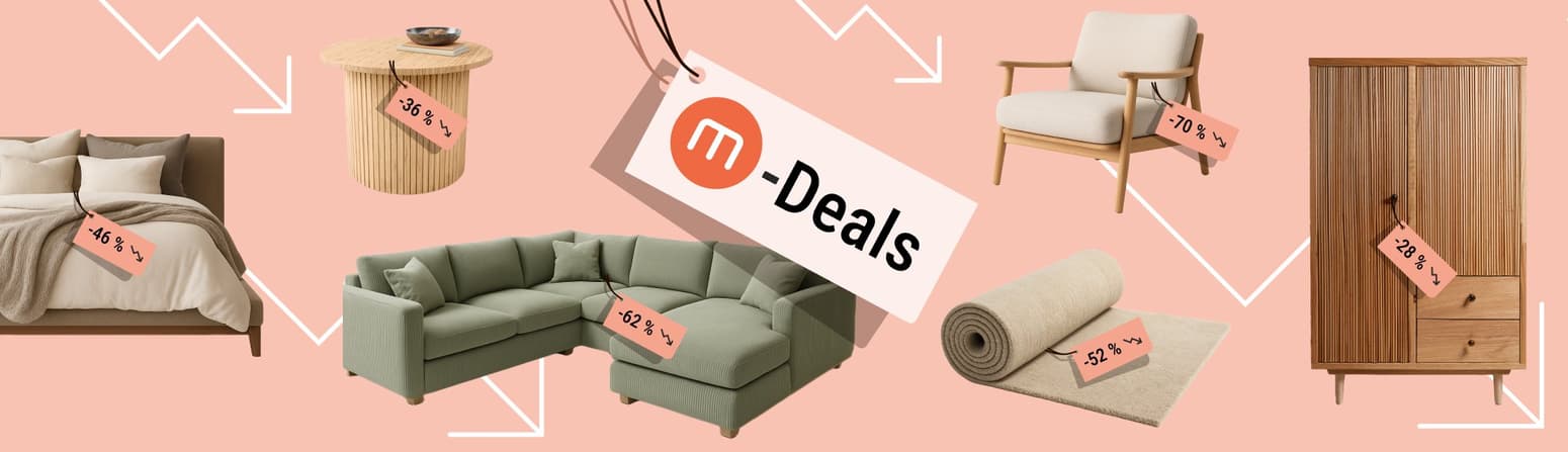 Möbel-Deals bis -70 %: Sofa, Bett, Sessel, Tisch, Teppich und Schrank.