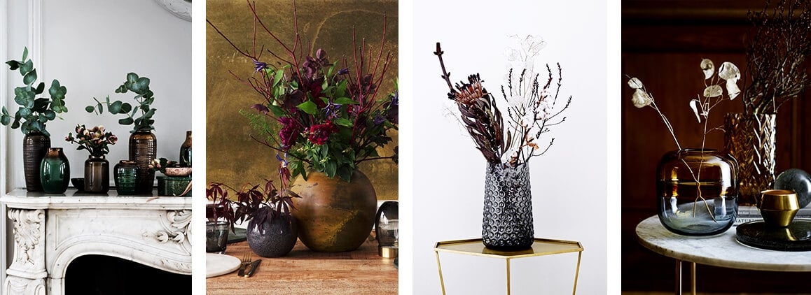 Getrocknete Blumen in Vasen und frische Herbstblüher