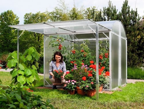 Kleines Gewächshaus aus Glas mit Vordach