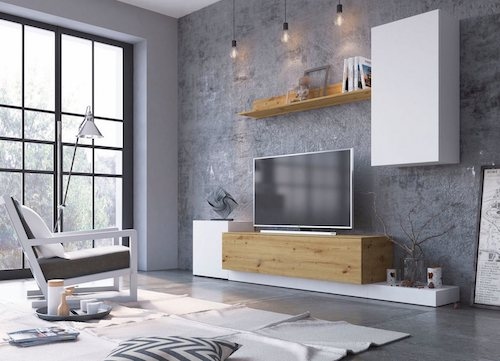 Moderne Wohnwand mit weißen Hochglanz-Fronten und Holz-Fronten